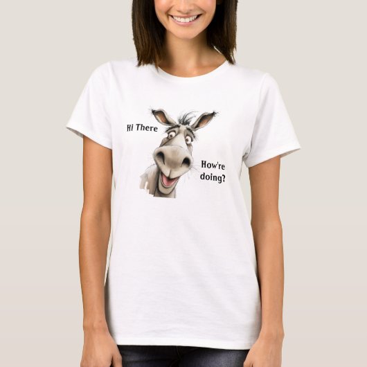 かわいいロバが「やあ、元気?」と挨拶しています。 Tシャツ (正面)