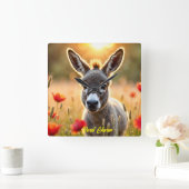 かわいいロバの赤いケシかわいい動物の芸術 スクエア壁時計 (ホーム)