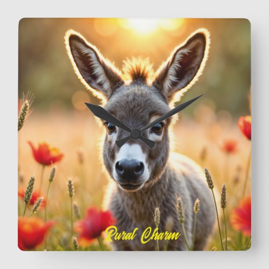 かわいいロバの赤いケシかわいい動物の芸術 スクエア壁時計 (正面)