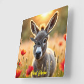 かわいいロバの赤いケシかわいい動物の芸術 スクエア壁時計 (傾斜)