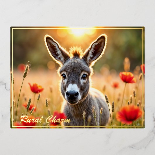 かわいいロバの赤いケシかわいい動物の芸術 箔シーズンポストカード (正面)