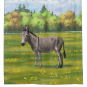 かわいいロバ灰色の牧草地 シャワーカーテン (正面)