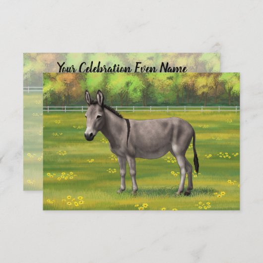 かわいいロバ灰色の牧草地 招待状 (正面/裏面)