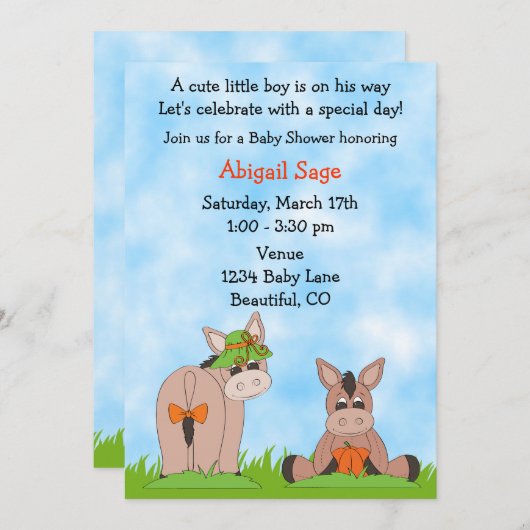 かわいいロバ赤ちゃんシャワー招待状forボーイズ 招待状 (正面/裏面)
