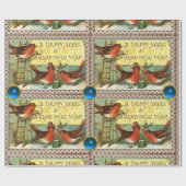 かわいいロビンス、青い宝石とクリスマスグリーティング ラッピングペーパー (フラット)