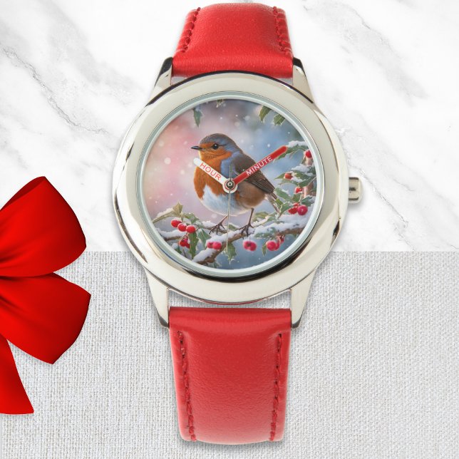 かわいいロビンレッドブスト冬の雪のかわいらしクリスマス 腕時計 (A pretty Christmas watch with robin redbreast illustration in a watercolor style)