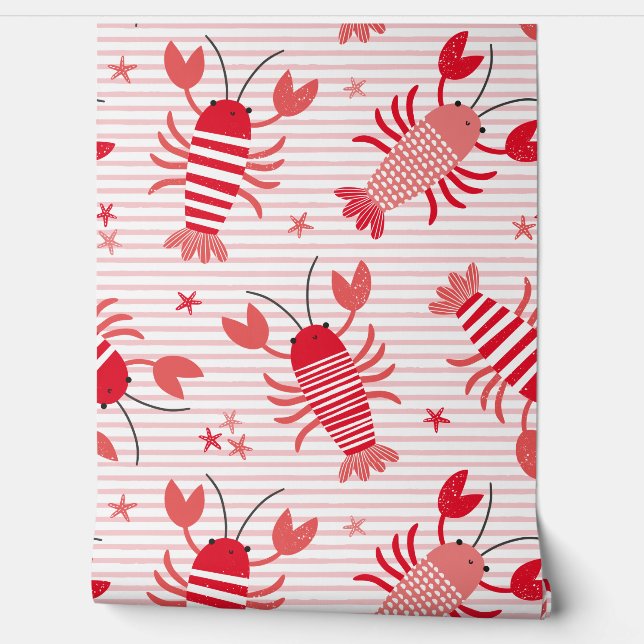 かわいいロブスターオンライトピンクと白ストライプ色 壁紙 (ほどく)