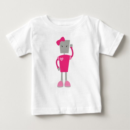 かわいいロボットおもしろい、ロボット、女の子ロボット、ピンクのロボット ベビーTシャツ (正面)
