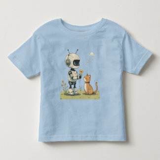 かわいいロボットが猫に花を贈る、心温まる子供向けアート トドラーTシャツ