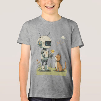 かわいいロボットが猫に花を贈る、心温まる子供向けアート トライブレンドTシャツ
