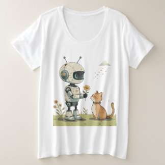 かわいいロボットが猫に花を贈る、心温まる子供向けアート プラスサイズTシャツ