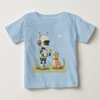 かわいいロボットが猫に花を贈る、心温まる子供向けアート ベビーTシャツ