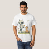 かわいいロボットが猫に花を贈る、心温まる子供向けアート Tシャツ (正面フル)