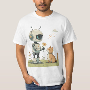 かわいいロボットが猫に花を贈る、心温まる子供向けアート Tシャツ