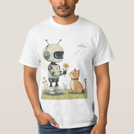 かわいいロボットが猫に花を贈る、心温まる子供向けアート Tシャツ (正面)