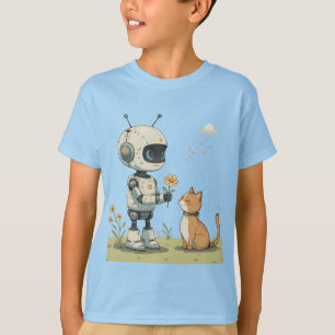 かわいいロボットが猫に花を贈る、心温まる子供向けアート Tシャツ