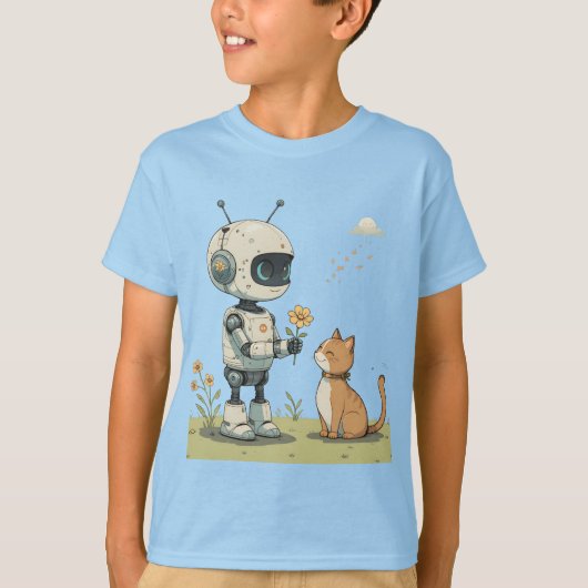 かわいいロボットが猫に花を贈る、心温まる子供向けアート Tシャツ (正面)