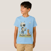 かわいいロボットが猫に花を贈る、心温まる子供向けアート Tシャツ (正面フル)