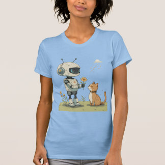 かわいいロボットが猫に花を贈る、心温まる子供向けアート Tシャツ