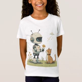 かわいいロボットが猫に花を贈る、心温まる子供向けアート Tシャツ