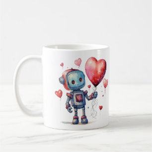 かわいいロボットと赤いハートバルーンバレンタイン コーヒーマグカップ