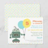 かわいいロボットと風船の誕生日パーティー招待状 招待状 (正面/裏面)