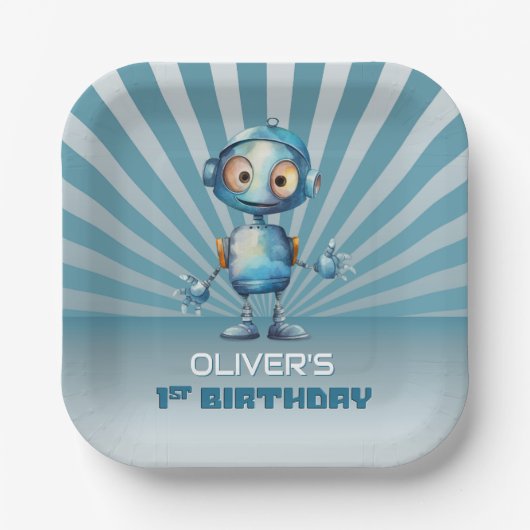 かわいいロボットテーマ第1誕生日パーティー ペーパープレート (正面)
