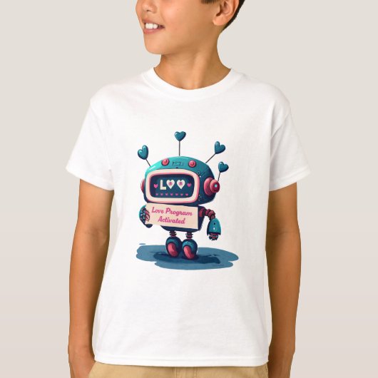 かわいいロボットハッピーヴァレンティーンズラブ文字ティー、おもしろい Tシャツ (正面)
