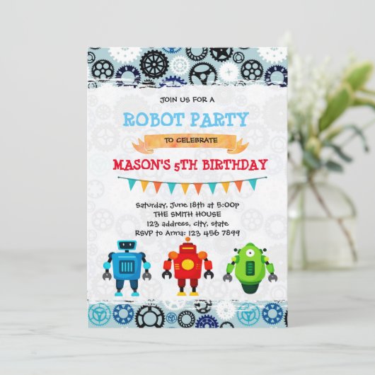かわいいロボットパーティーのテーマ招待状 招待状 (スタンド正面)