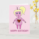 かわいいロボット女の子のハッピーバースデーのピンクのギークカード カード (黄色い花)