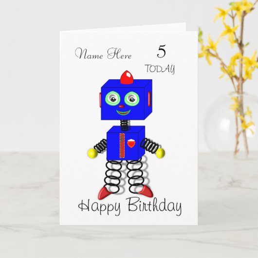 かわいいロボット子供のパーソナライズなバースデー・カード カード (黄色い花)