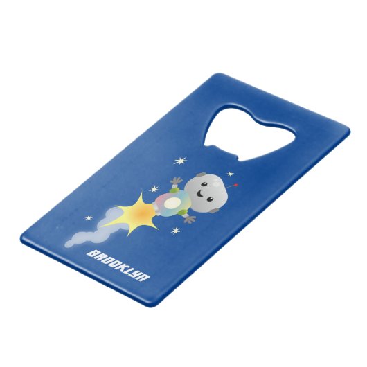 かわいいロボット飛んでいるの宇宙漫画イラストレーション クレジットカード栓抜き (正面アングル)