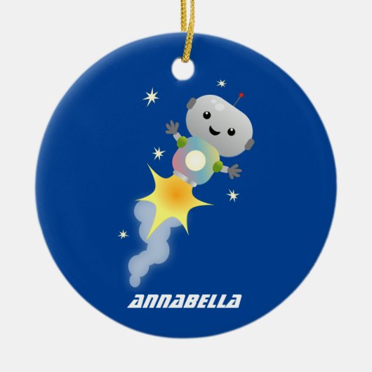 かわいいロボット飛んでいるの宇宙漫画イラストレーション セラミックオーナメント (正面)