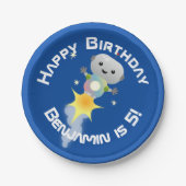 かわいいロボット飛んでいるの宇宙漫画イラストレーション ペーパープレート (正面)