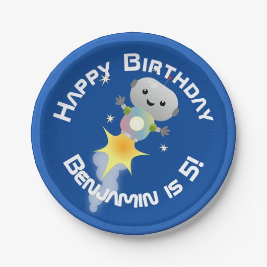 かわいいロボット飛んでいるの宇宙漫画イラストレーション ペーパープレート (正面)