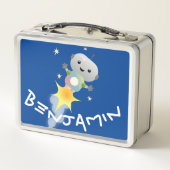 かわいいロボット飛んでいるの宇宙漫画イラストレーション メタルランチボックス (裏面)