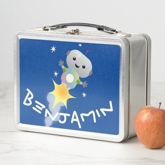 かわいいロボット飛んでいるの宇宙漫画イラストレーション メタルランチボックス (インサイチュ)