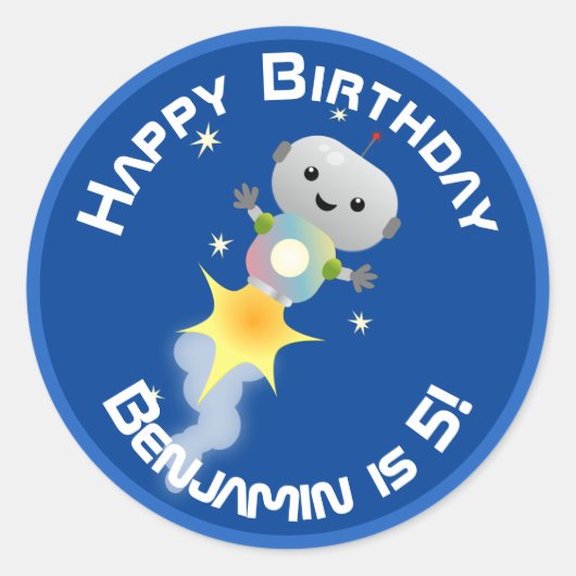 かわいいロボット飛んでいるの宇宙漫画イラストレーション ラウンドシール (正面)