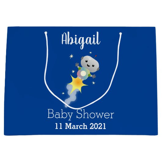 かわいいロボット飛んでいるの宇宙漫画イラストレーション ラージペーパーバッグ (正面)