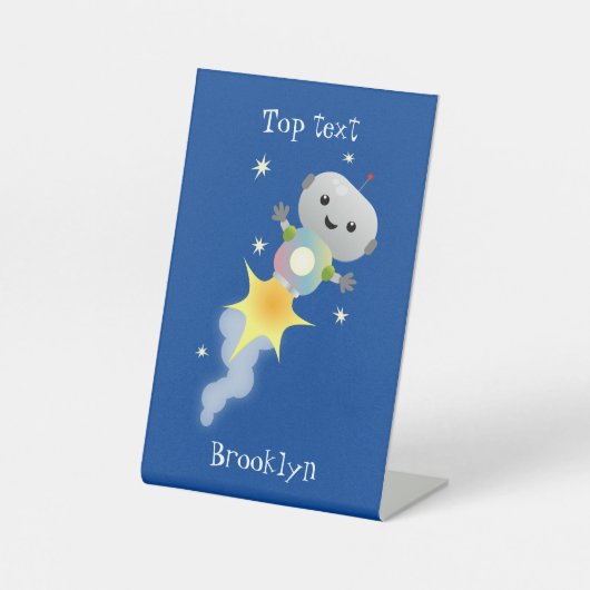 かわいいロボット飛んでいるの宇宙漫画イラストレーション 台座サイン (正面)