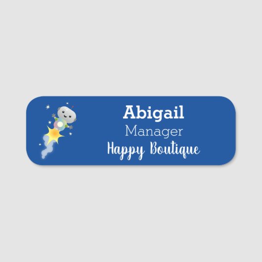 かわいいロボット飛んでいるの宇宙漫画イラストレーション 名札 (正面)