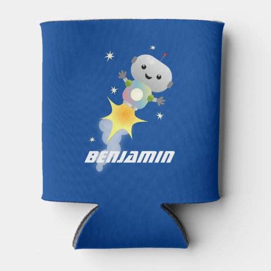 かわいいロボット飛んでいるの宇宙漫画イラストレーション 缶クーラー (正面)