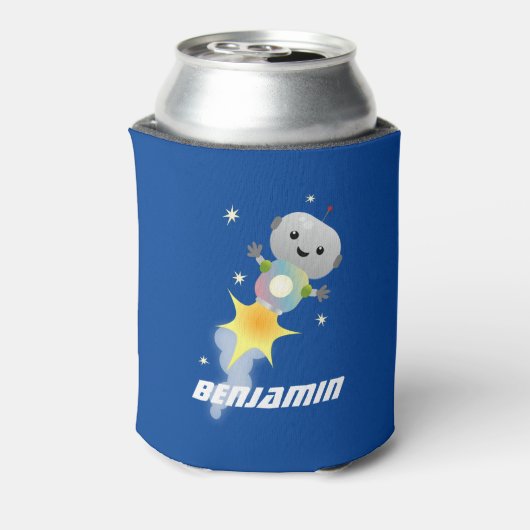 かわいいロボット飛んでいるの宇宙漫画イラストレーション 缶クーラー (缶裏面)