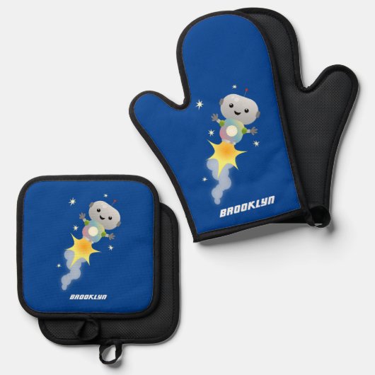 かわいいロボット飛んでいるの宇宙漫画イラストレーション 鍋つかみ&鍋敷きセット (正面/裏面)