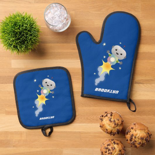 かわいいロボット飛んでいるの宇宙漫画イラストレーション 鍋つかみ&鍋敷きセット (トップダウン)