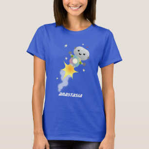 かわいいロボット飛んでいるの宇宙漫画イラストレーション Tシャツ
