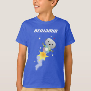 かわいいロボット飛んでいるの宇宙漫画イラストレーション Tシャツ