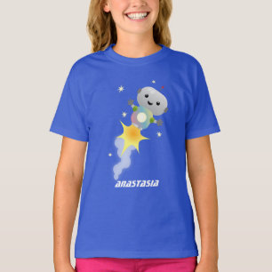 かわいいロボット飛んでいるの宇宙漫画イラストレーション Tシャツ