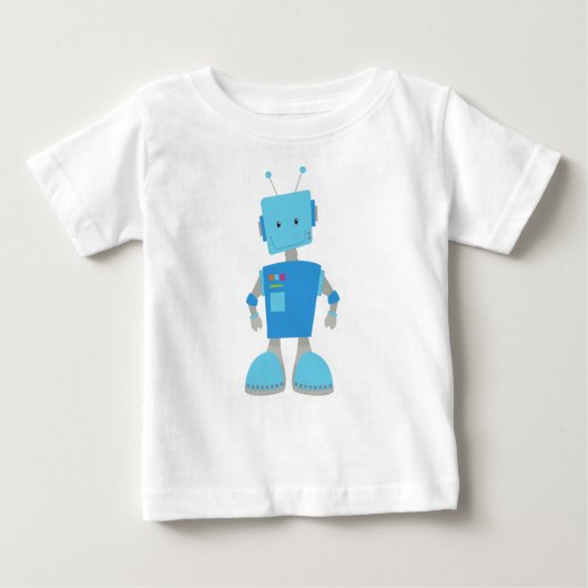 かわいいロボット、おもしろいロボット、ロ間抜けボット、青ロボット ベビーTシャツ (正面)