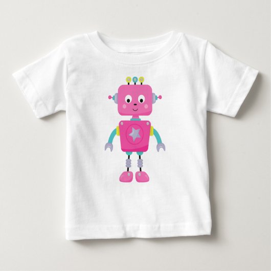 かわいいロボット、ロボおもしろいット、ロボ間抜けット、ピンク色ロボット ベビーTシャツ (正面)